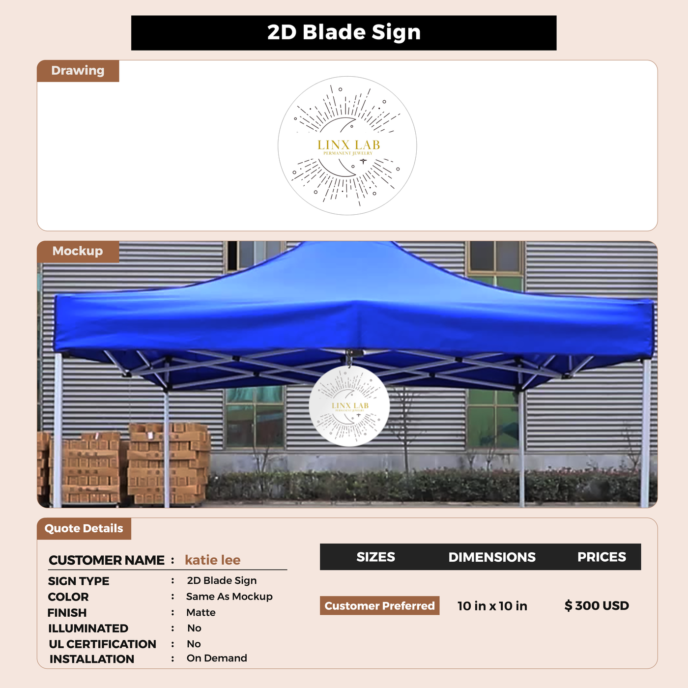 2D Blade Sign for katie lee
