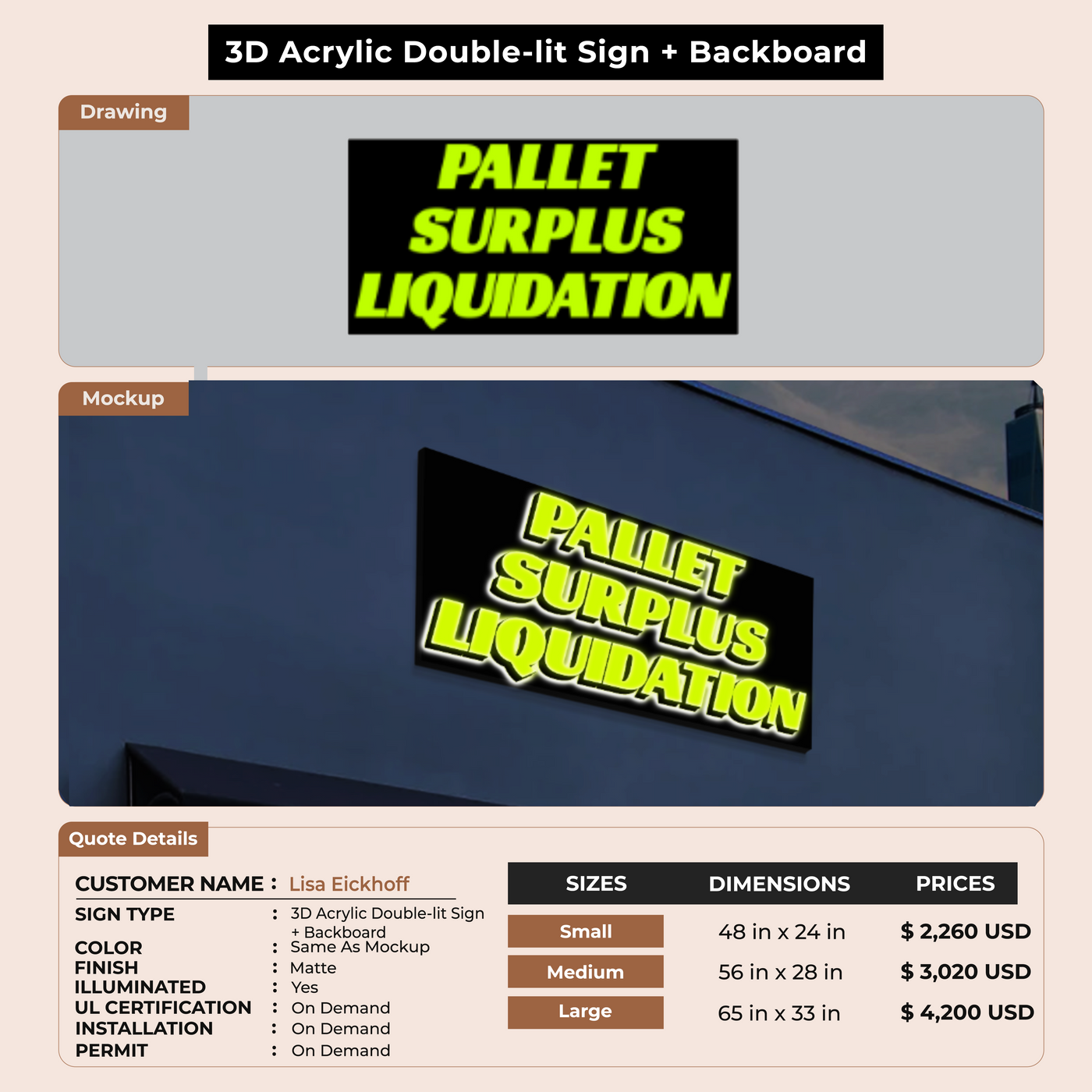 3D Acrylic Double-lit Sign + Backboard For Lisa Eickhoff