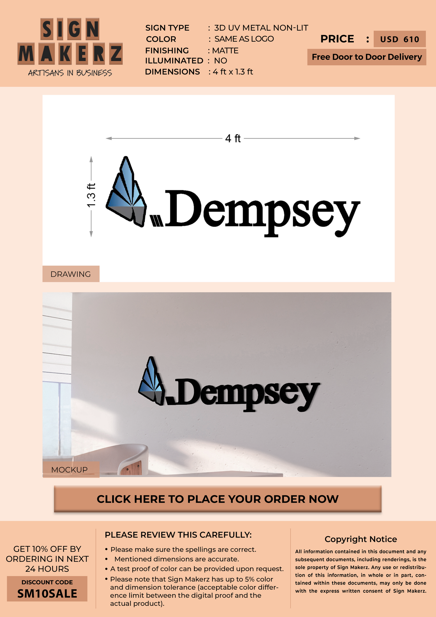 3d metal non-lit sign