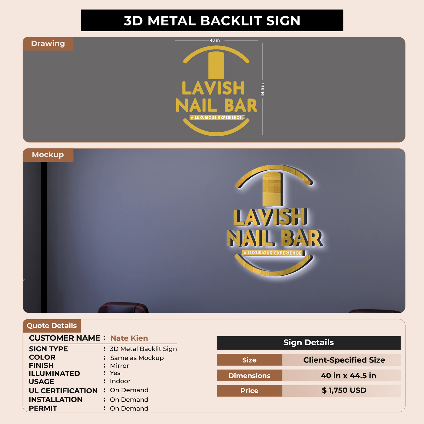 3D Metal Backlit Sign for Nate Kien