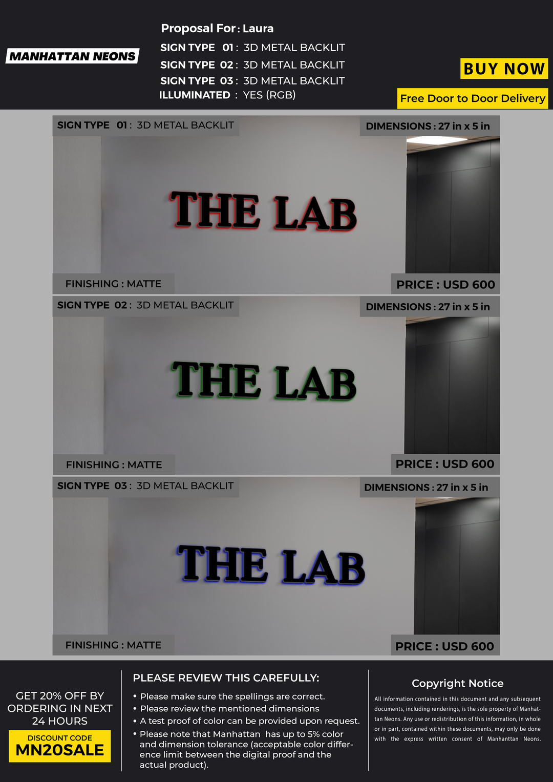 3D Metal Backlit sign for Laura