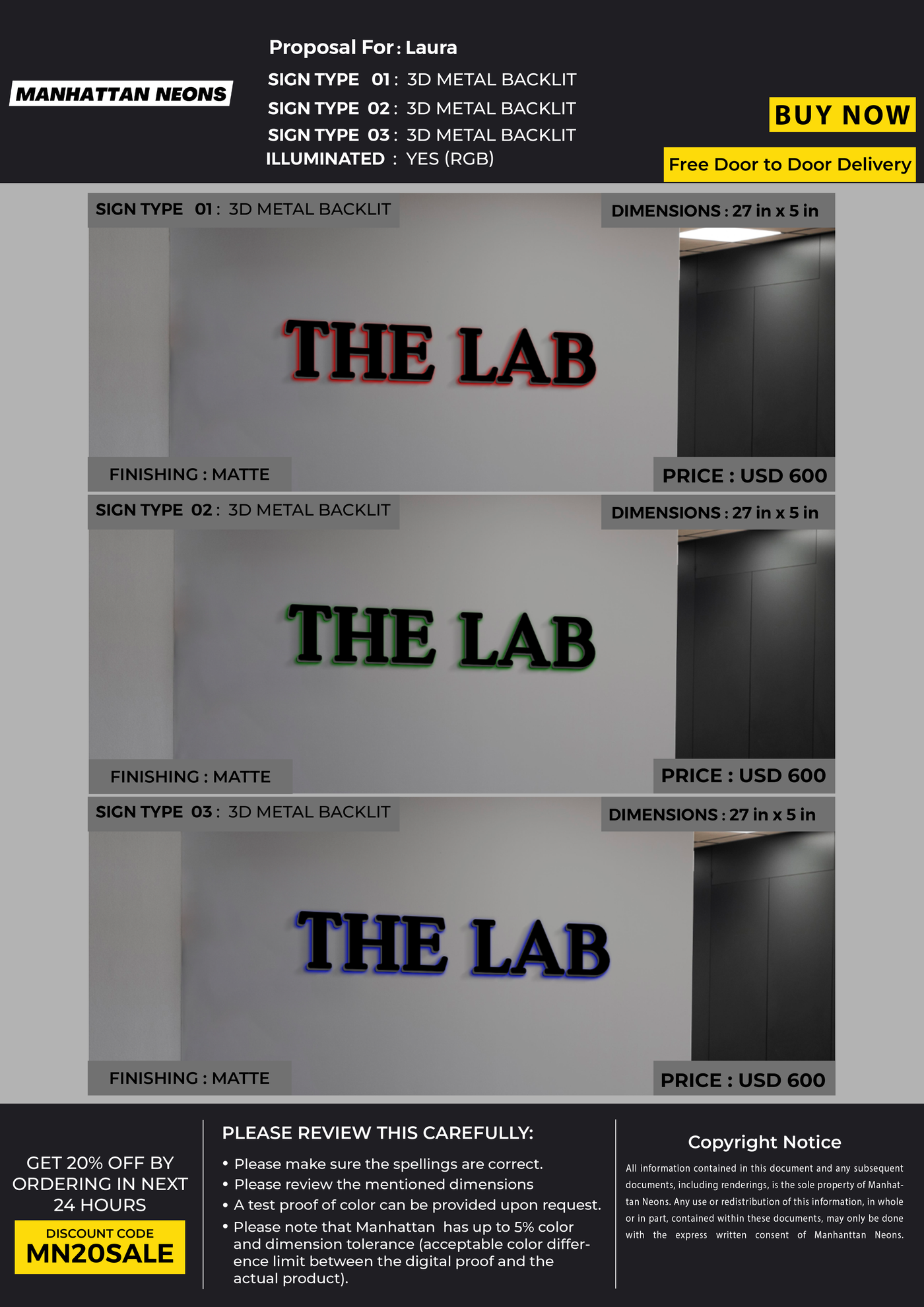 3D Metal Backlit sign for Laura