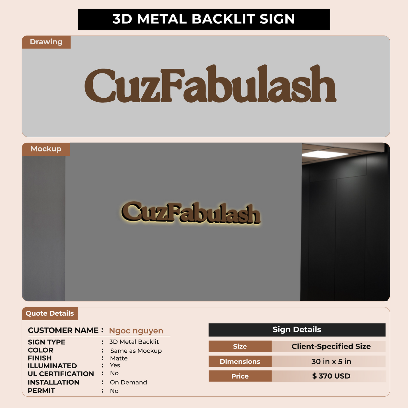 3D Metal Backlit Sign for Ngoc nguyen