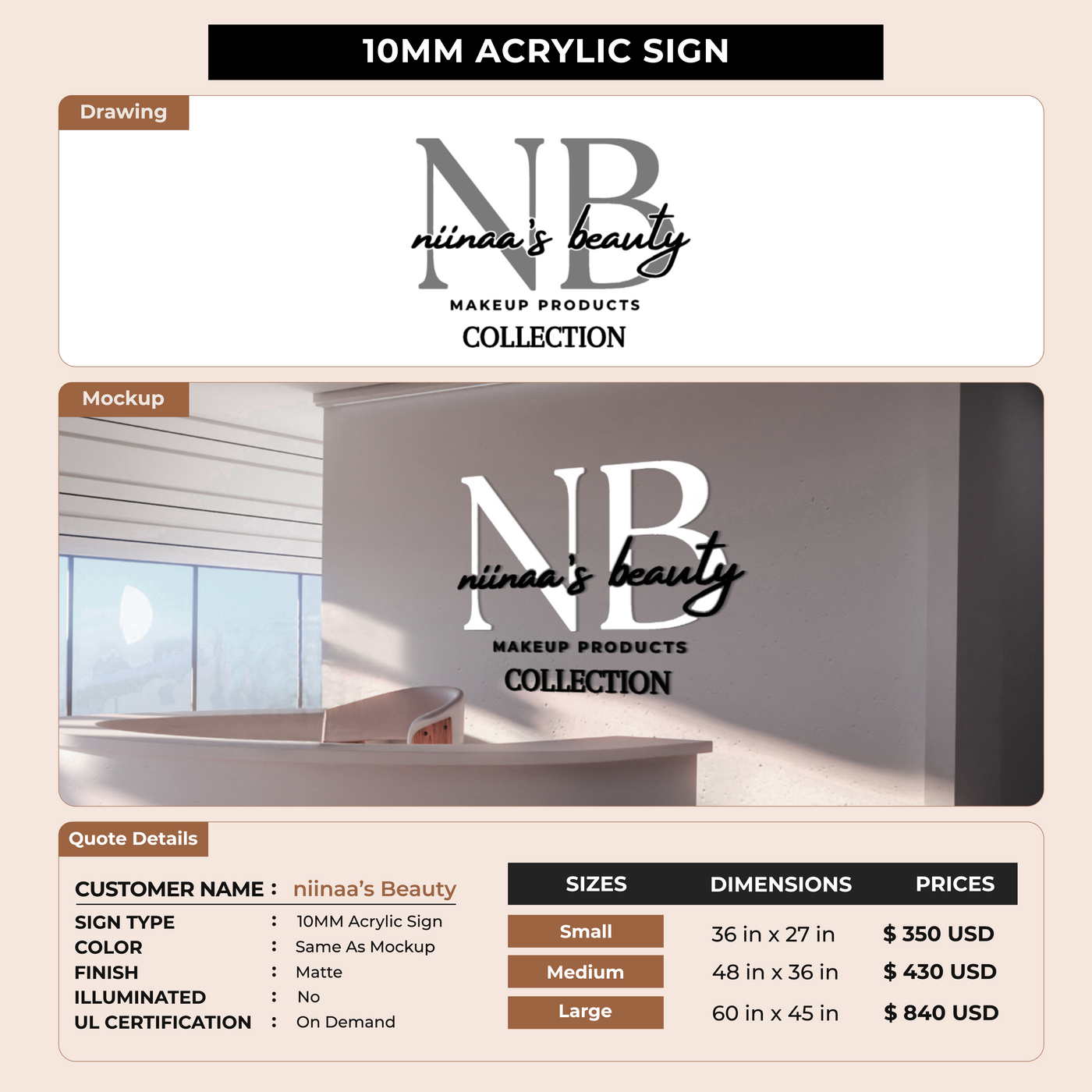 10mm Acrylic Sign for niinaa’s Beauty