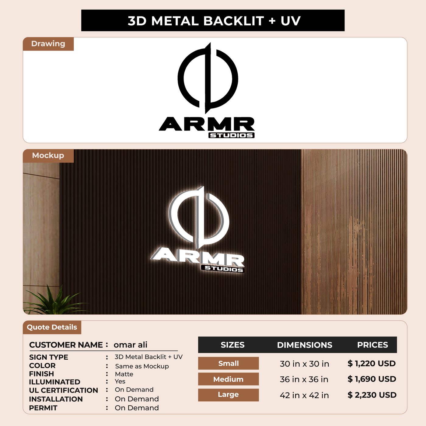3d metal backlit Sign For omar ali