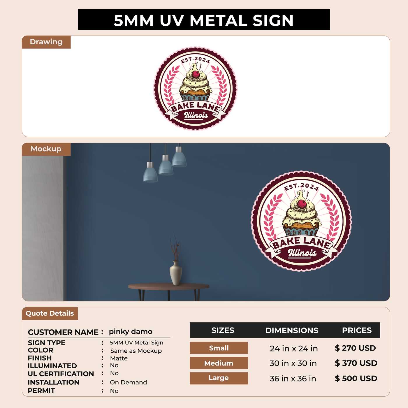 5mm UV Metal Sign for pinky damo