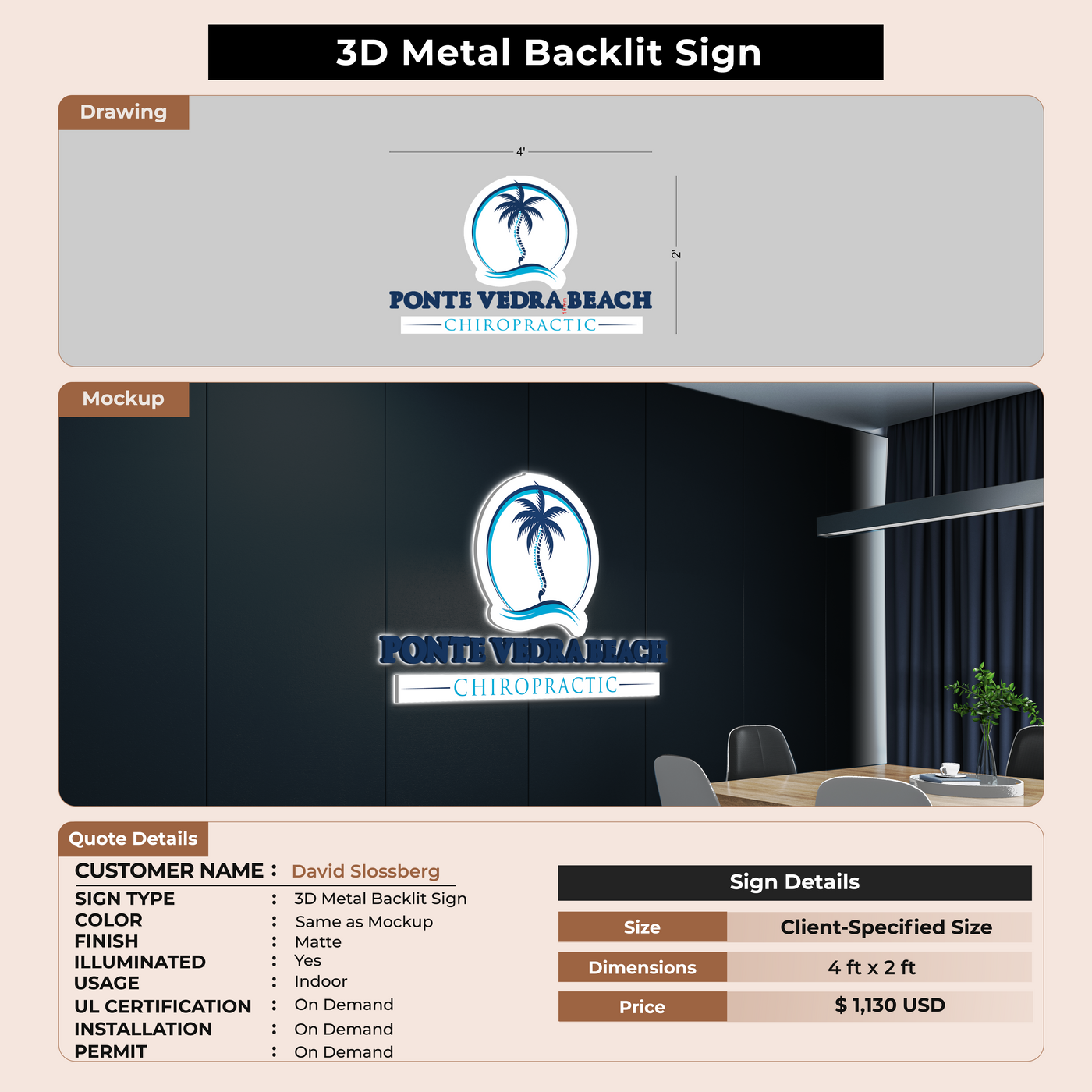 3D Metal Backlit Sign for David Slossberg