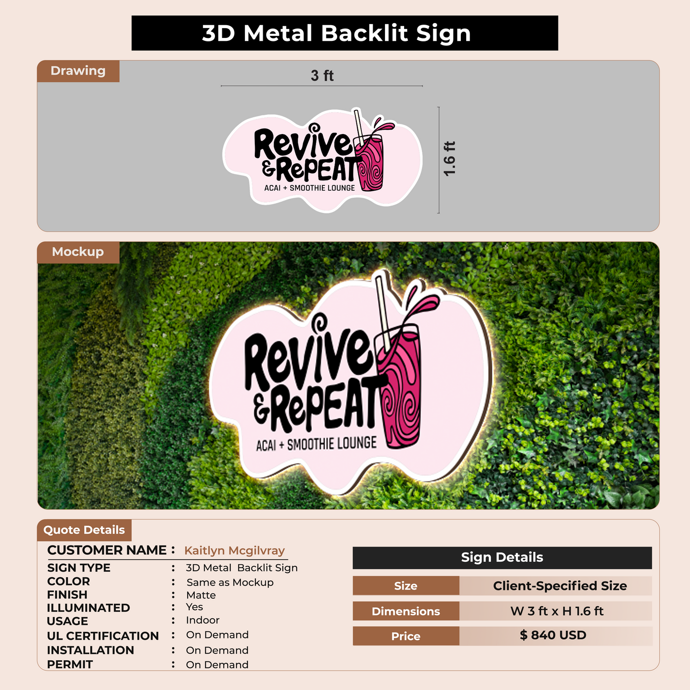 3D Metal Backlit Sign for Kaitlyn Mcgilvray