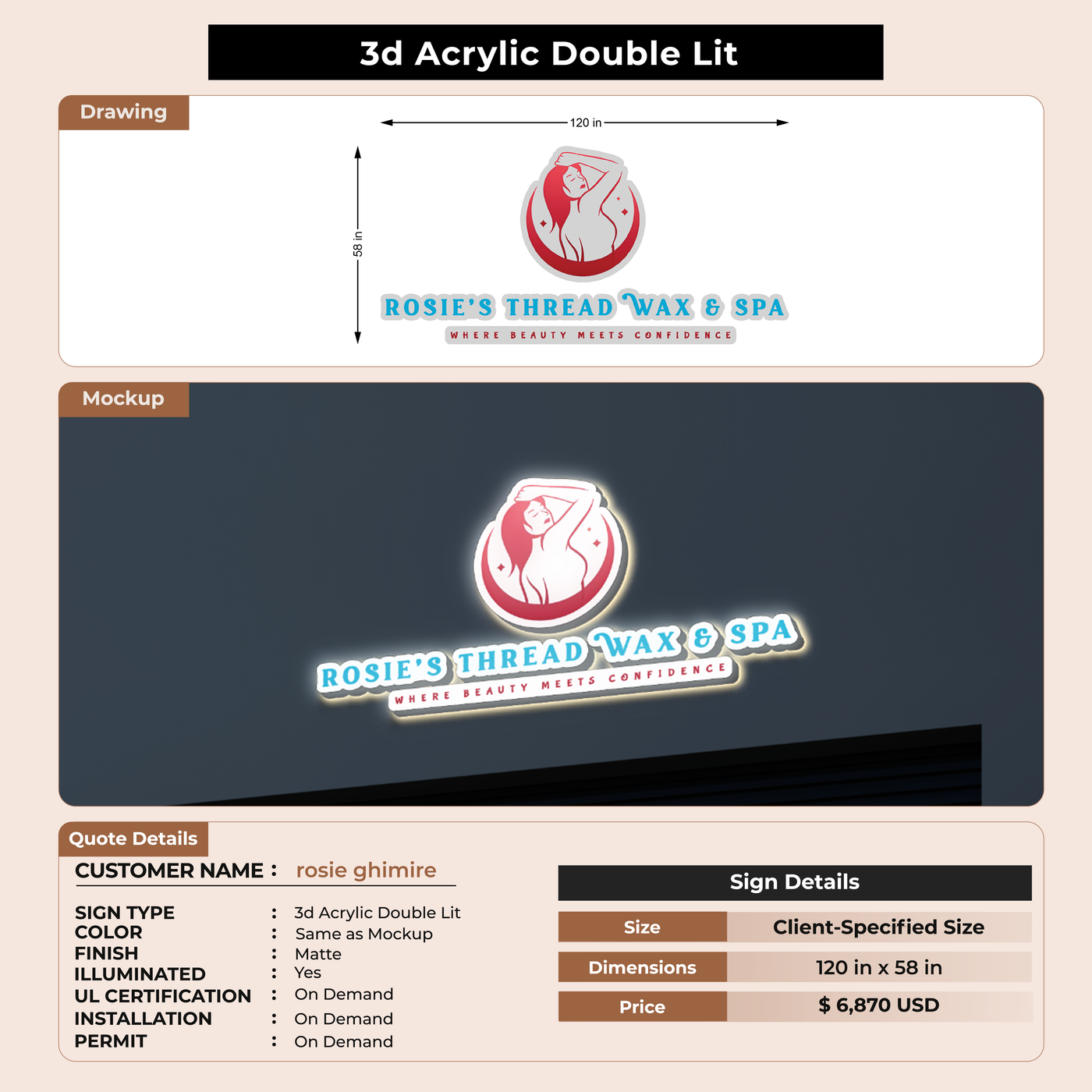 3D Acrylic Double-lit Sign For rosie ghimire