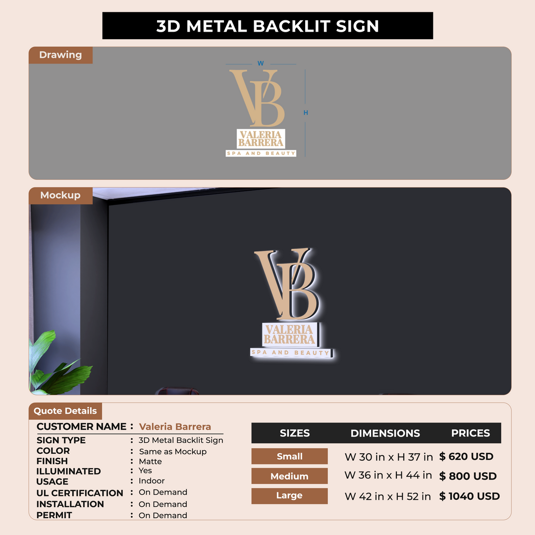 3D Metal Backlit Sign for Valeria Barrera