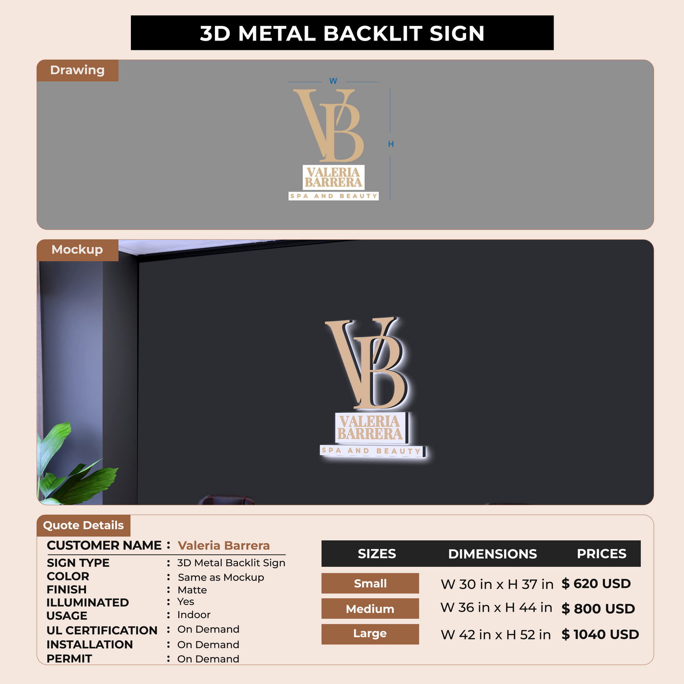 3D Metal Backlit Sign for Valeria Barrera