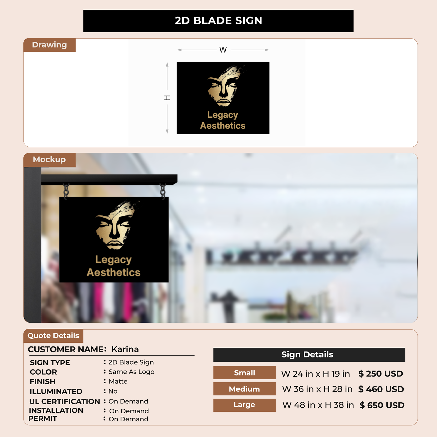 Business signage for Karina