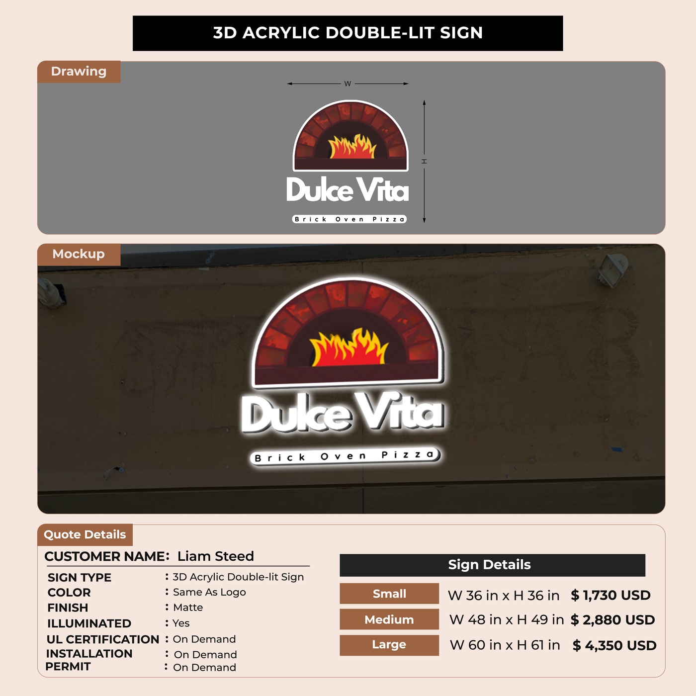 3D Acrylic doublelit sign for Liam Steed