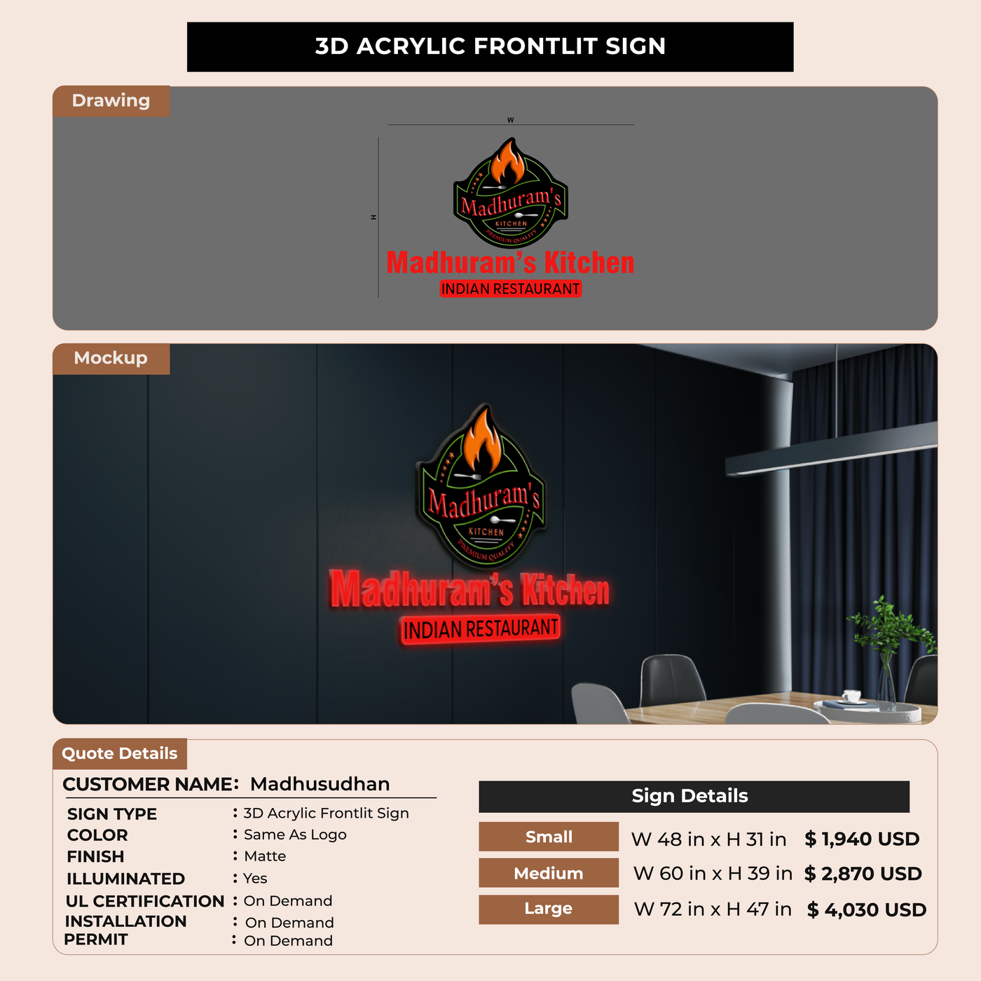3D Acrylic Frontlit Signage for Madhusudhan
