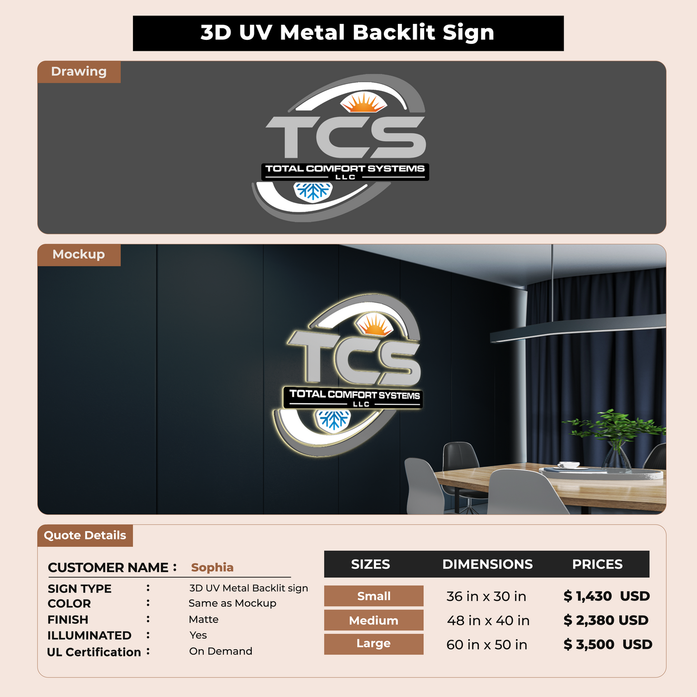 3D UV Metal Back-lit Sign For Sophia