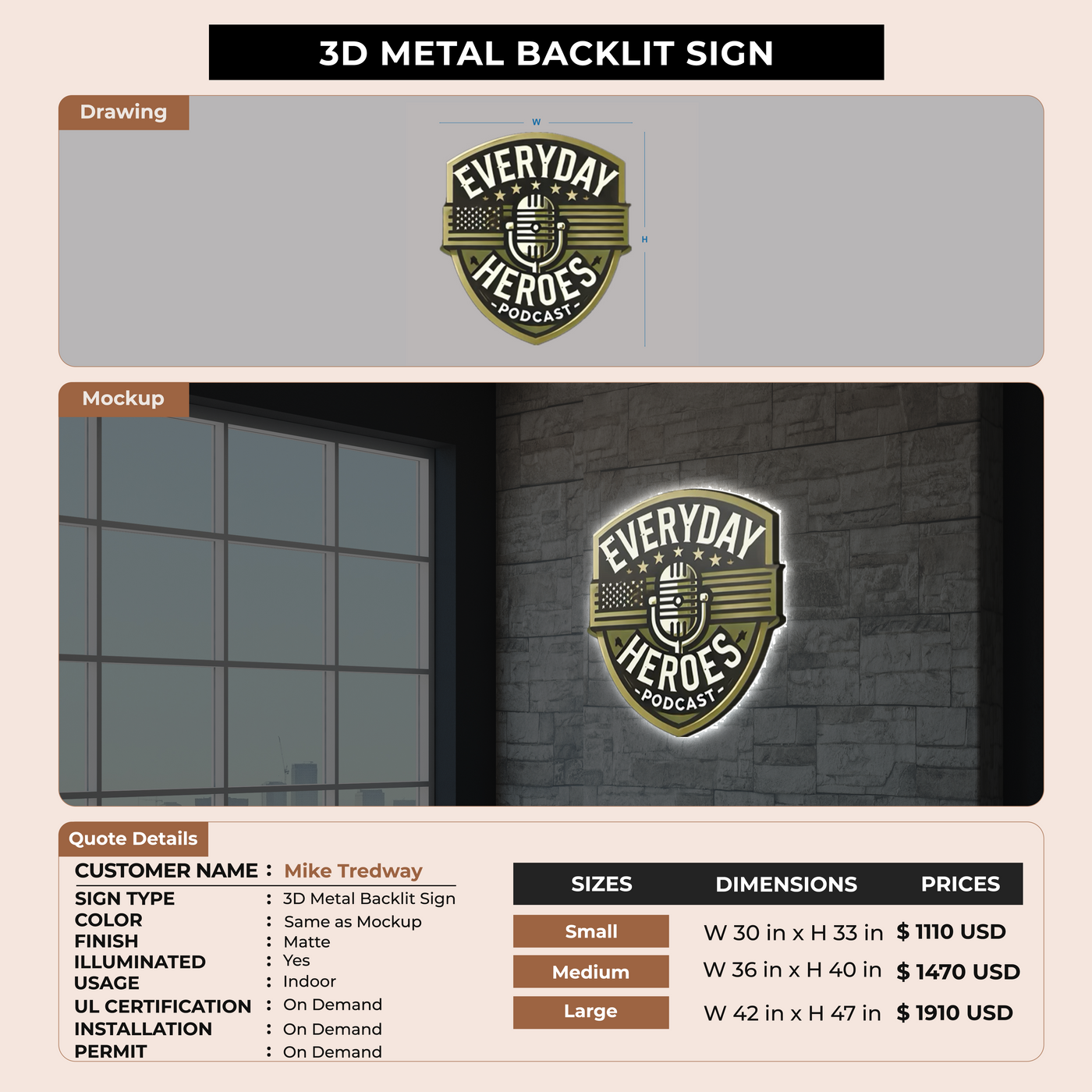 3D Metal backlit Sign For Mike Tredway