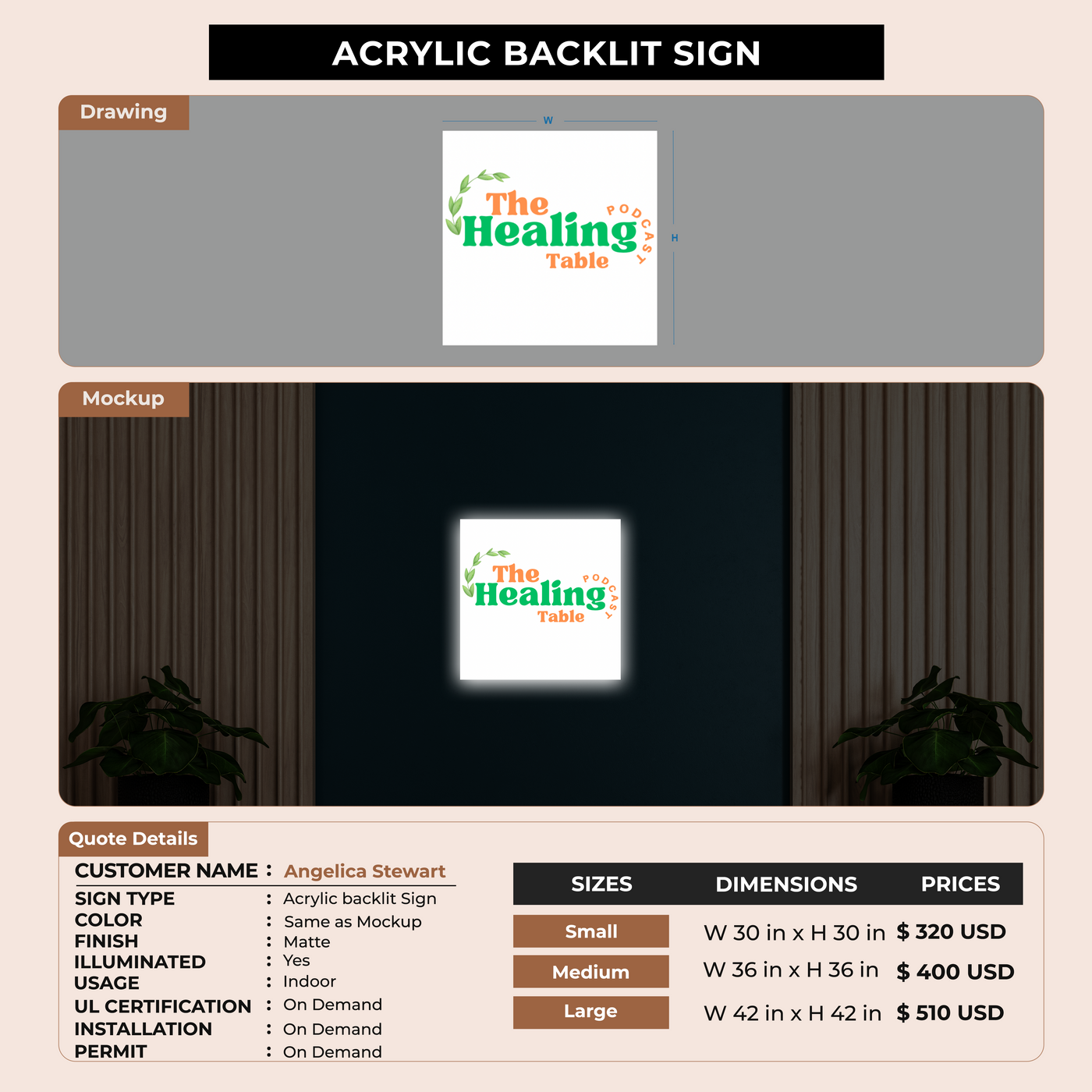 Acrylic backlit Sign For Angelica Stewart