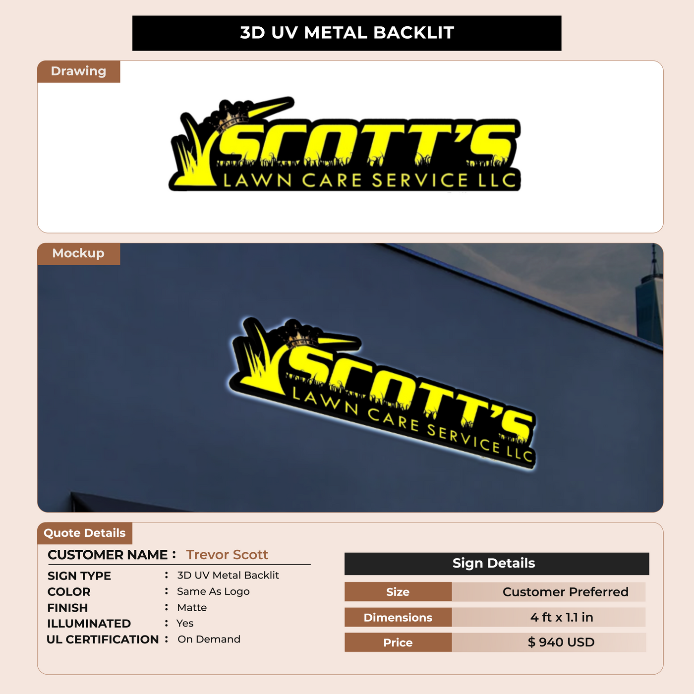 3D UV Metal Backlit Sign  for Trevor Scott