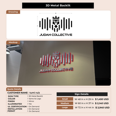 3D Metal Backlit sign for tumi ruiz
