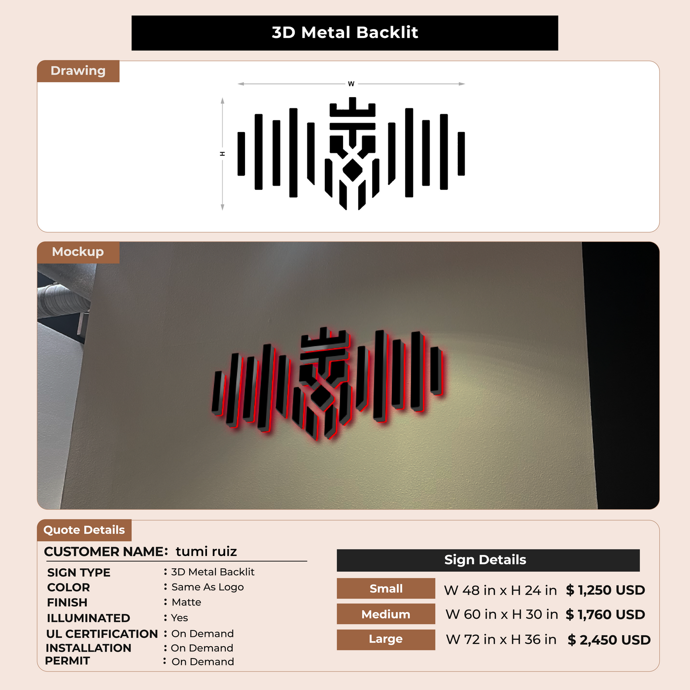 3D Metal Backlit sign for tumi ruiz