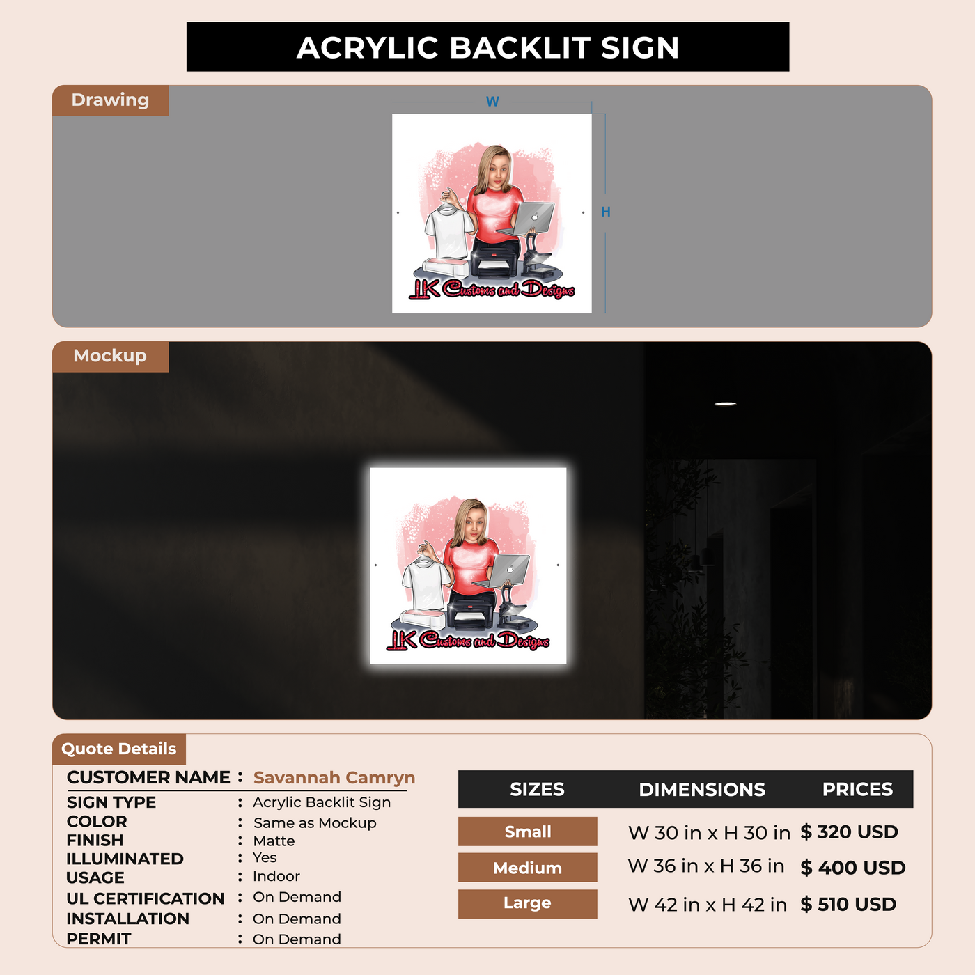Acrylic Backlit Sign For Savannah Camryn