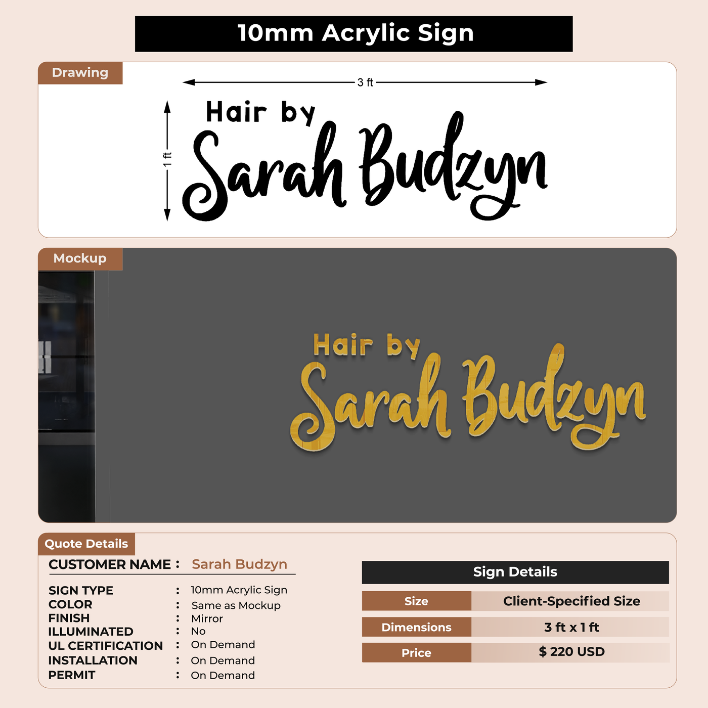 10mm Acrylic Sign for Sarah Budzyn